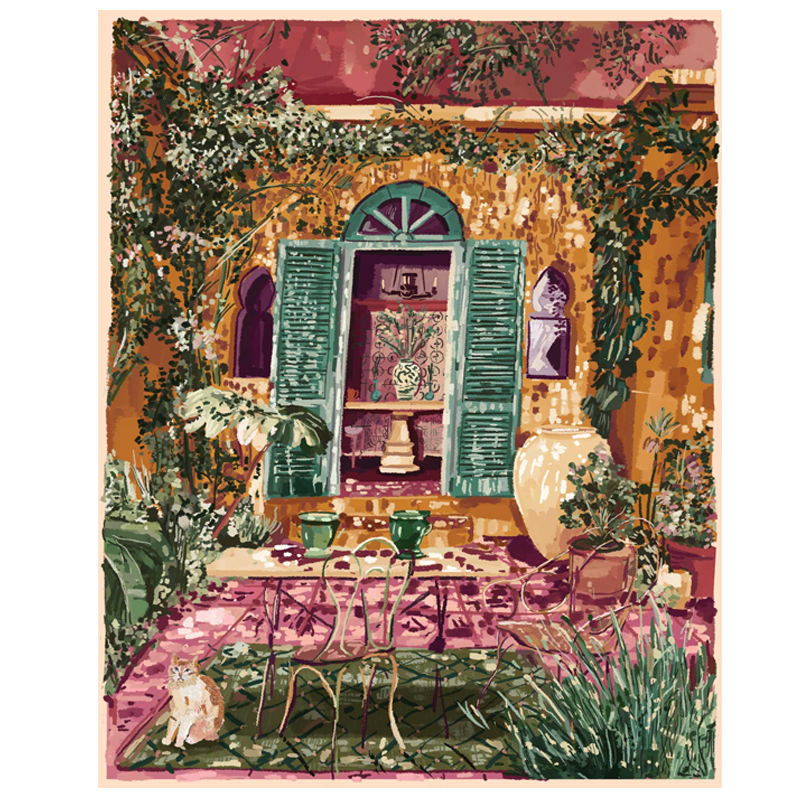 Namrata Kumar Art Print -A colorful illustration of a garden scene with a rattan chair, a cat, and various plants, depicted in a vibrant and artistic style.