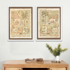 Two framed art pieces depicting an exotic shore scene, displayed on a wall above a wooden table 