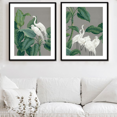 Two framed art prints of cranes surrounded by foliage, hanging on a wall above a white sofa with a plant decoration on it.