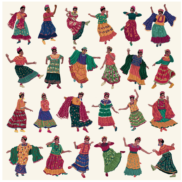 Frida - A collection of colorful acrylic paintings of various female figures in traditional Indian attire, depicting a dance performance.