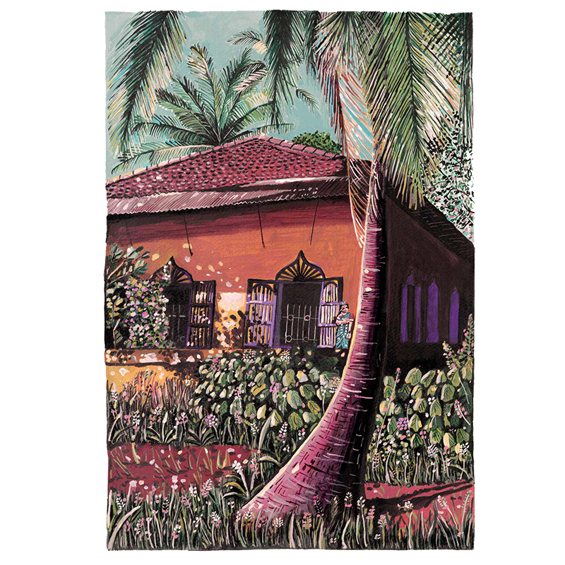 A fine art Giclee print of an original acrylic painting depicting a colorful tropical scene with a house and palm trees.