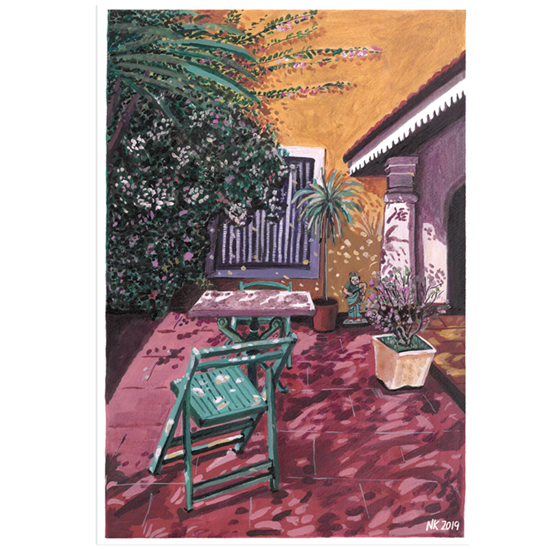A colorful acrylic painting depicting an outdoor scene with a chair, table, and plants on a red-tiled floor.
