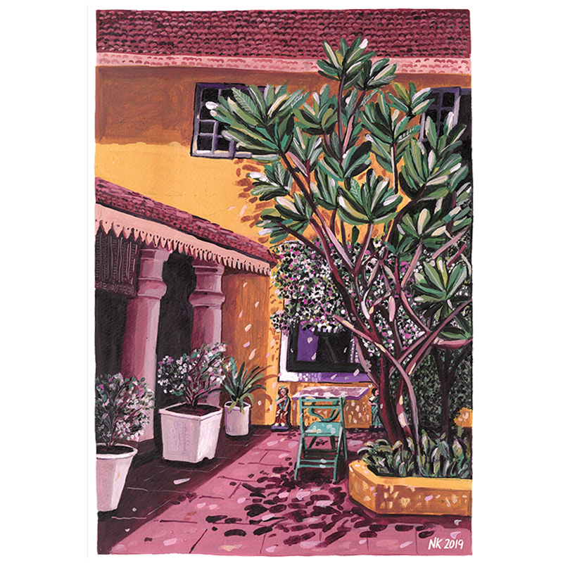 A fine art Giclee print of an original acrylic painting depicting a colorful outdoor scene with a tree, chair, and building.