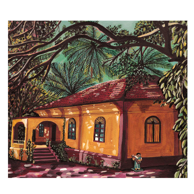 A vibrant acrylic painting depicting a yellow house with trees and a figure in the foreground.