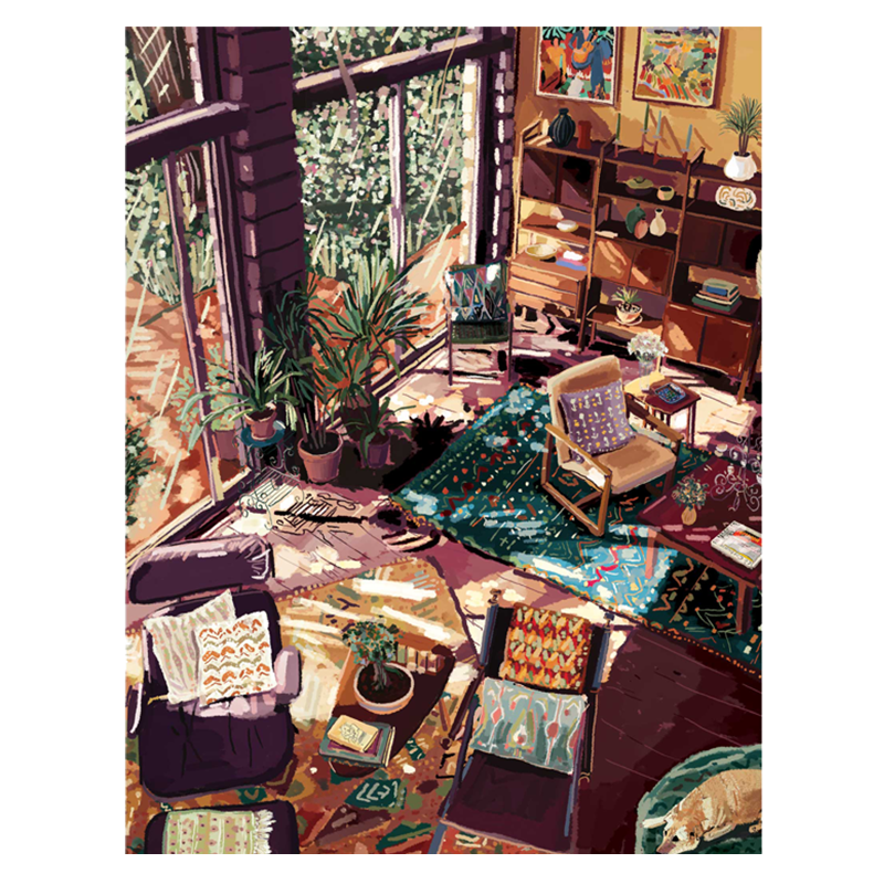 A vibrant, colorful illustration of a cozy living room scene with various seating arrangements and decorative elements.