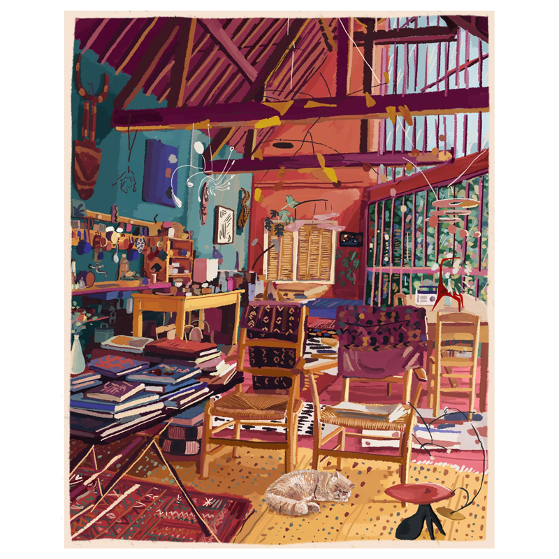 A vibrant, colorful fine art Giclee print featuring an acrylic painting of a cluttered living room with various chairs, a cat, and decorative items.