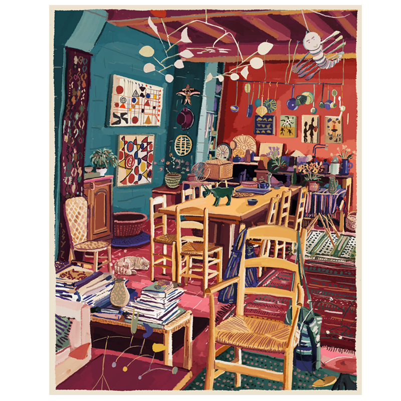 A colorful acrylic painting depicting an interior scene with various objects and furniture, featuring a vibrant wall with paintings and decorations.