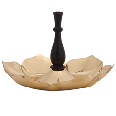A brass incense stick holder with a gold finish and a dark wood handle, designed in the shape of an inverted flower.