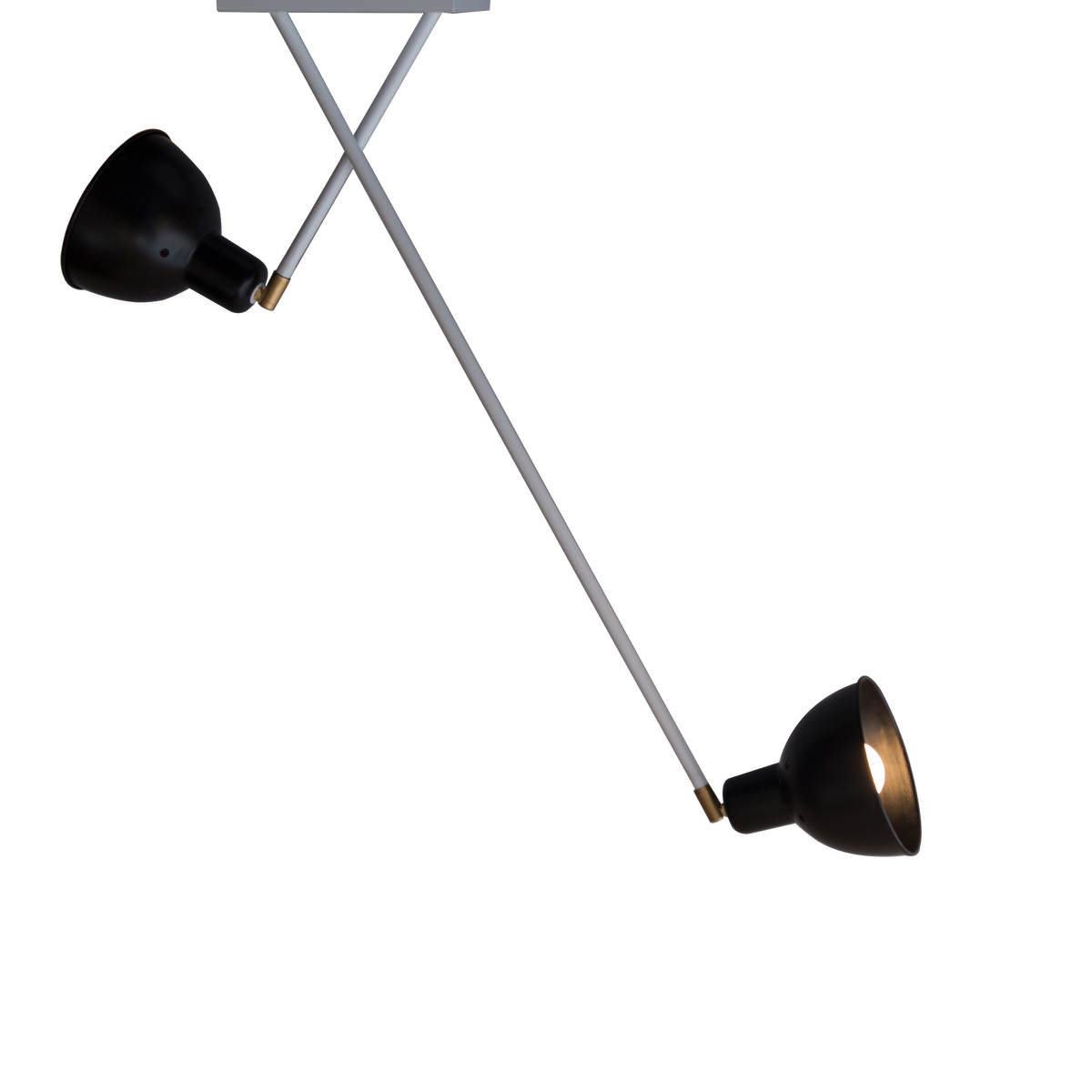 A two-arm ceiling light fixture with a black and white color scheme, featuring a central pole and two outward-extending arms, with bulb not included.