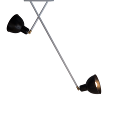 A two-arm ceiling light fixture with a black and white color scheme, featuring a central pole and two outward-extending arms, with bulb not included.