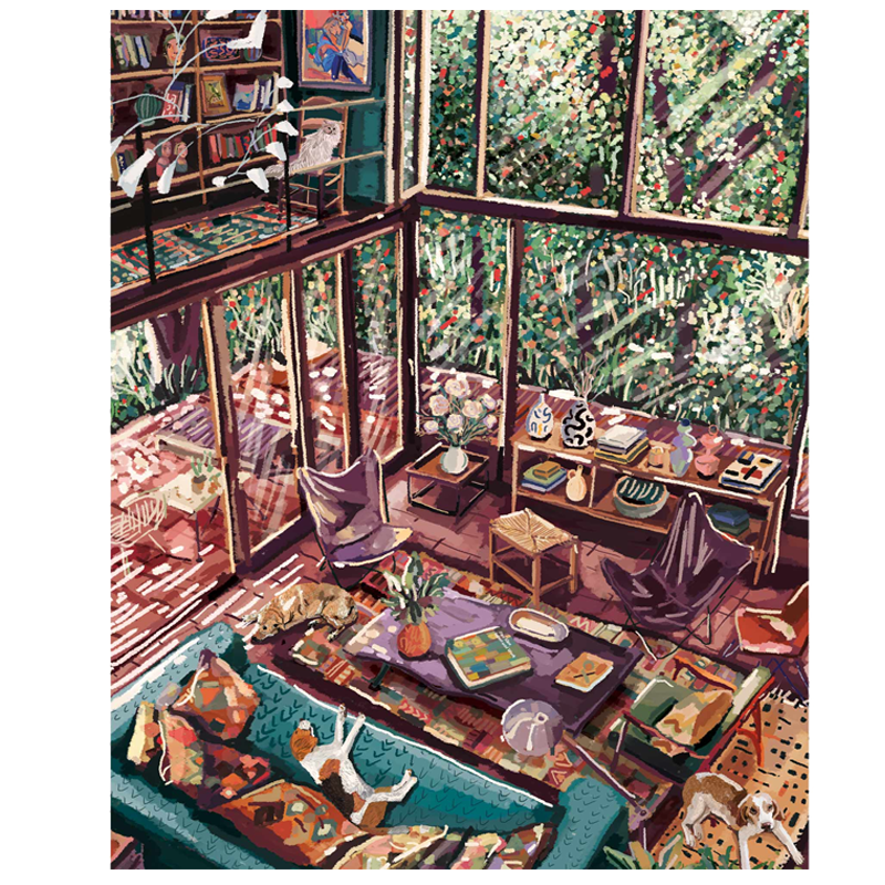 A colorful illustration of a cozy living room with a window overlooking a lush green forest, featuring 2 dogs, couch, a bookshelf with various books, and a vase with flowers.