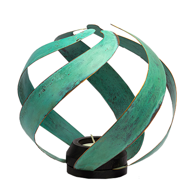 Light Ball - Verdigris - A teal patina brass fire inspired tealight holder with a dark finish wood base.