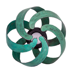 Light Ball - Verdigris candle holder with a dark finish wood base.