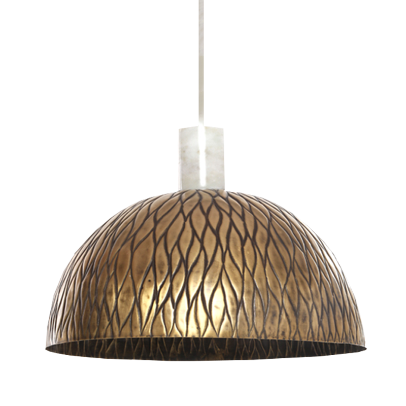 Antique brass pendant lamp with a textured surface and a frosted bulb inside, hanging from a white wire.