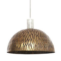 Antique brass pendant lamp with a textured surface and a frosted bulb inside, hanging from a white wire.