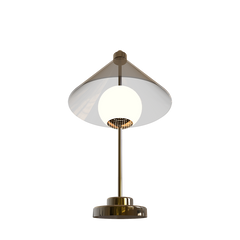 Modern Conical Table lamp with a cone-shaped glass shade and gold fixture on a white background