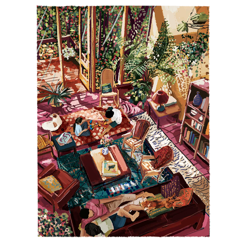 A colorful acrylic painting depicting an interior scene with people, books, and furniture arranged in a detailed composition.