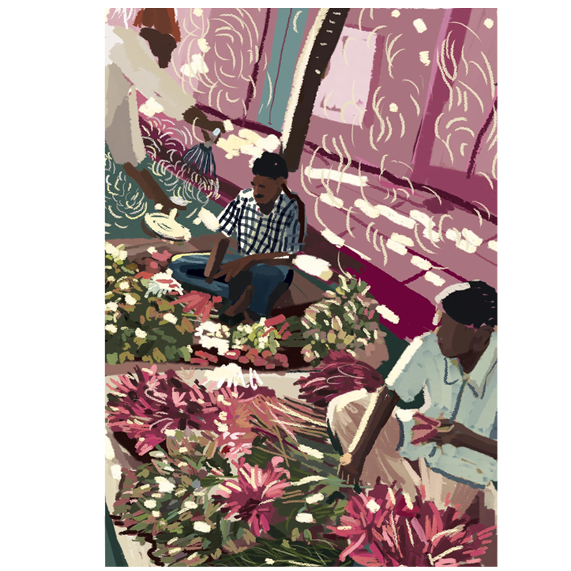 Archival Giclee art print - An illustration of two people selling flower in a flower market, surrounded by various colorful flowers.