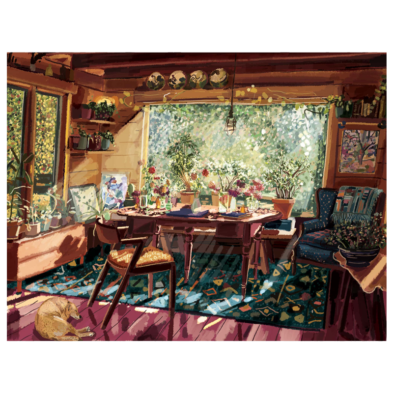 Fine-art giclee print - a vibrant colored illustration of a cozy living room scene with a window view, featuring a dining table, chairs, and decorative items.