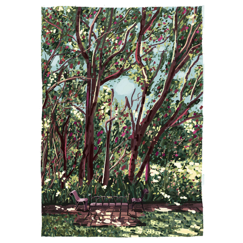 A fine art Giclee print of an original acrylic painting depicting a garden scene with trees, chair and a bench.