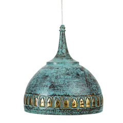 Antique brass pendant light with a verdigris finish, featuring a dome shape with decorative elements around the rim.