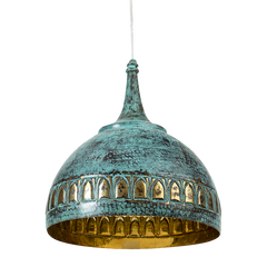 The dome shape Mogul Pendant Lamp features a verdigris finish over antique brass