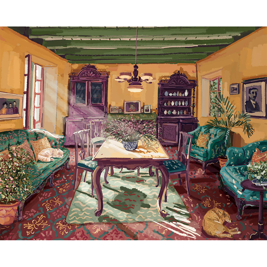 Fine art print with vibrant, colorful illustration of a living room scene with various furniture and a dog lying on the floor.