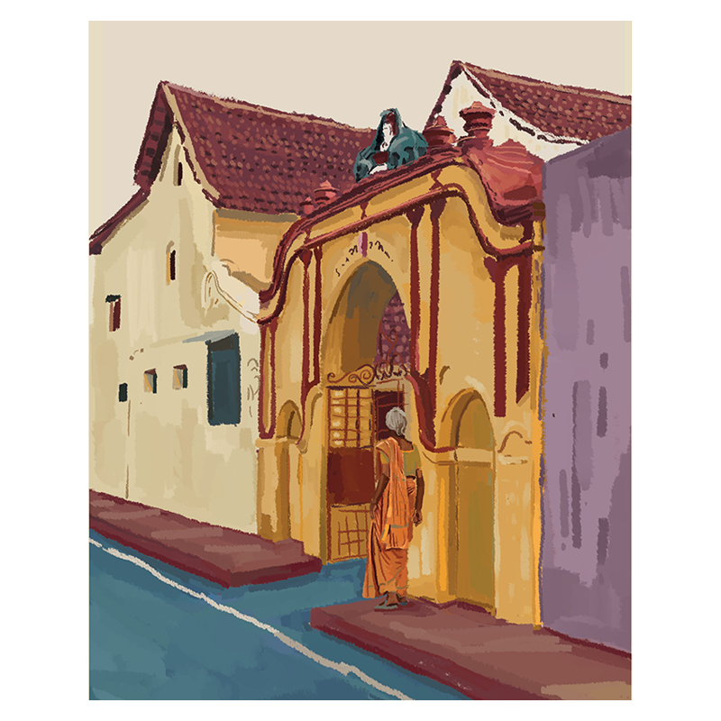 A framed art print depicting a colorful painting of an Indian street scene with buildings and a person in traditional attire.