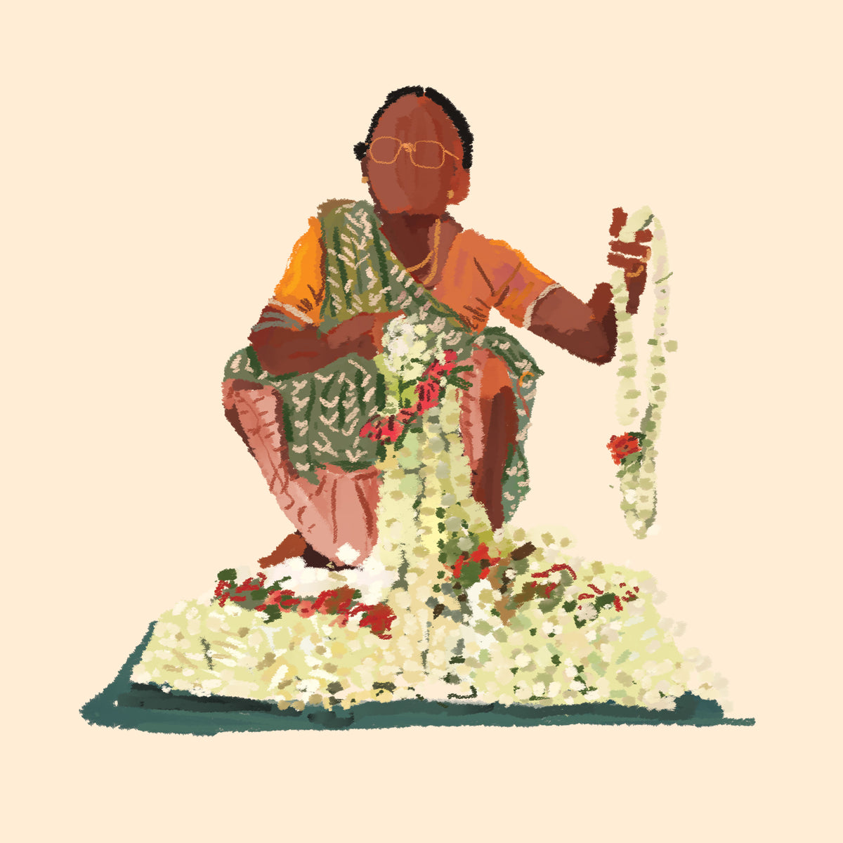 An art print illustration of a person crouching and working with floral materials, possibly creating a traditional Indian garment or craft.