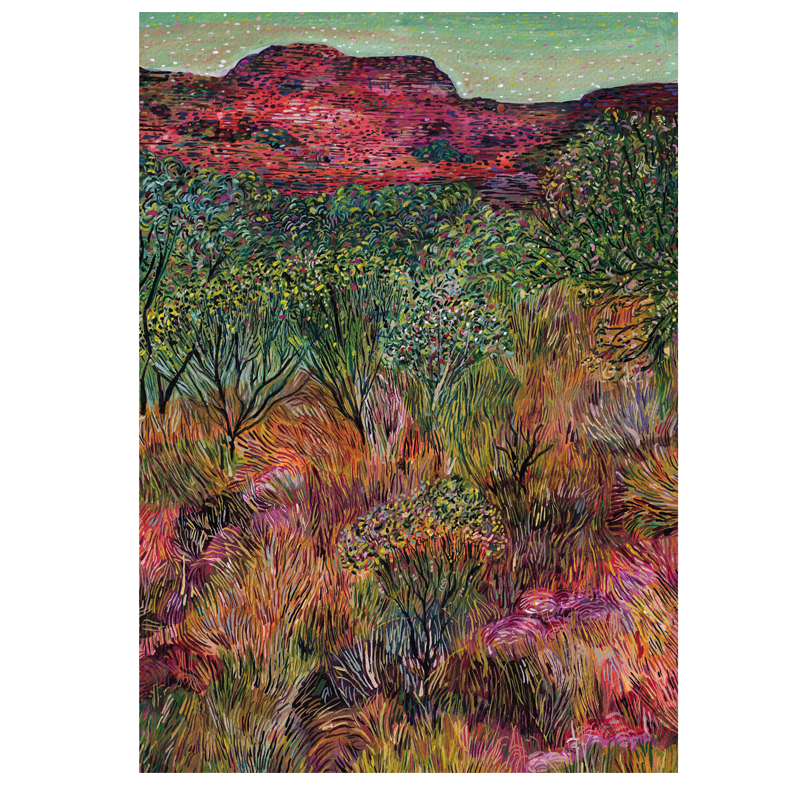 A Giclee art print of an acrylic painting depicting a landscape with trees and hills.