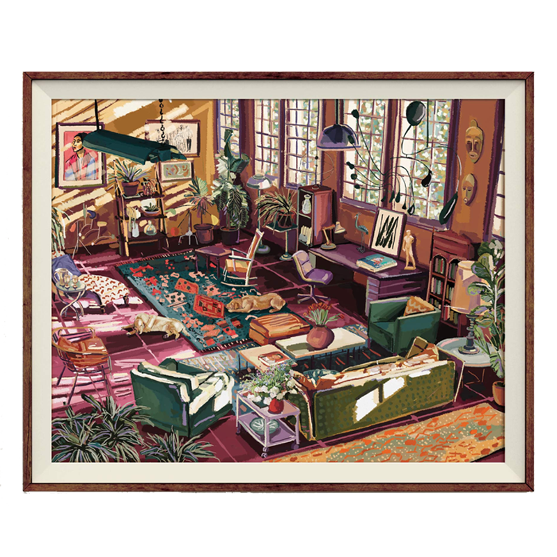 Framed Fine-art giclee print showing light of early morning with lot of furniture, plants and a dog sleeping on the rug.