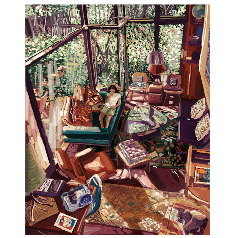 A colorful acrylic painting of a cluttered living room scene with a person seated on a chair, surrounded by various objects and decorative items.