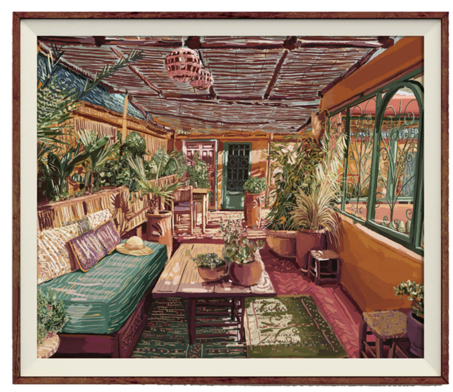 Decorative art print of a cozy indoor patio with plants and furniture.