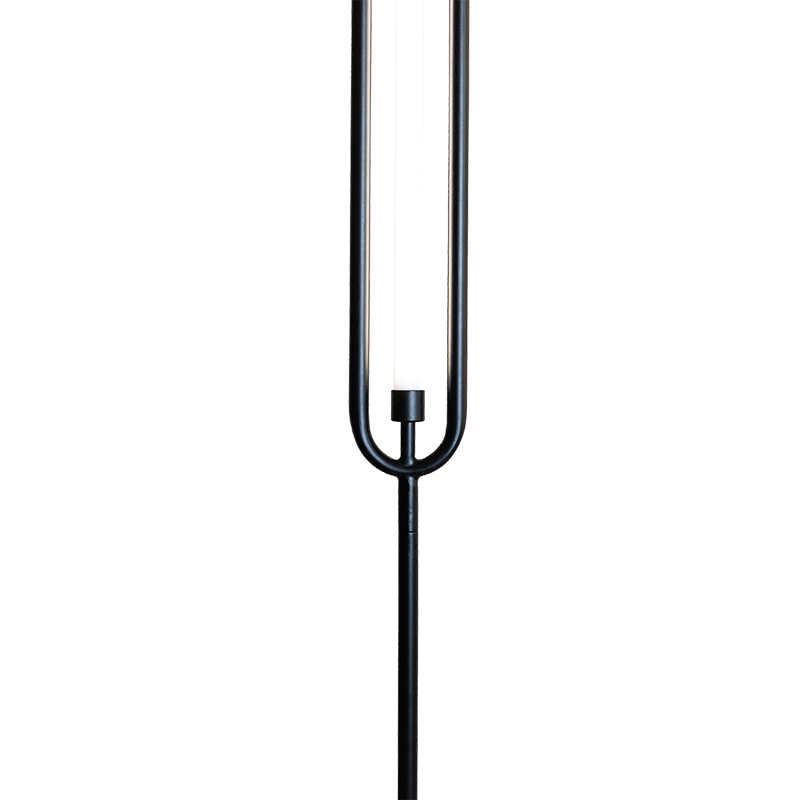 Close view of Loop Standing floor lamp with LED strip lighting & black  finish and a steel powder coating.