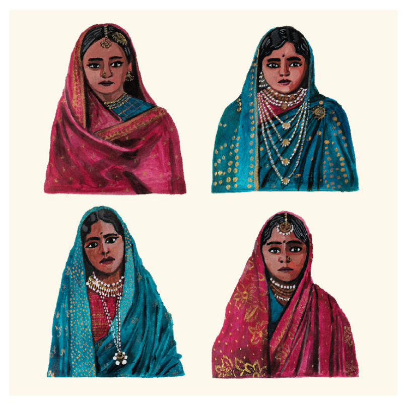A set of four Fine-Art Giclee Print artworks featuring portraits of women in traditional Indian attire with vibrant clothing and accessories.