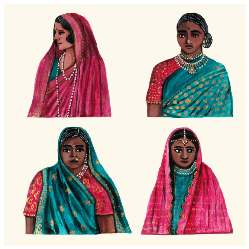 A set of four artwork Giclee prints depicting Indian women in traditional attire, with vibrant colors primarily in pink and blue tones.