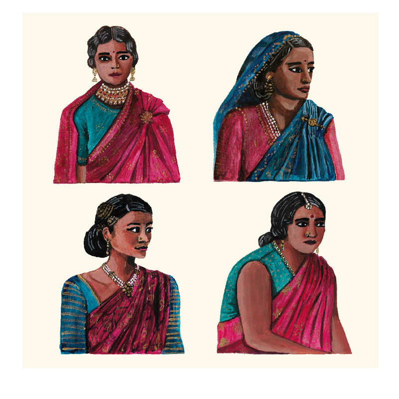 A set of four framed artworks featuring portraits of women in traditional Indian attire and expressions, with a mix of pink, blue, and other colors in their clothing.