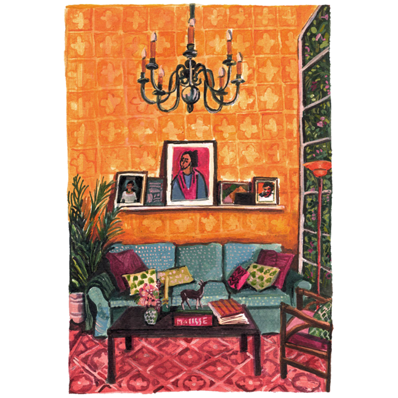 An art illustration of a room with a green sofa, orange walls, and various decorations including framed pictures on the wall, a chandelier, and potted plants.