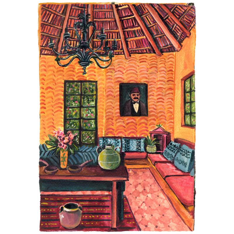 A fine art Giclee print of an original acrylic painting depicting an interior room with a chandelier, and a portrait on the wall.
