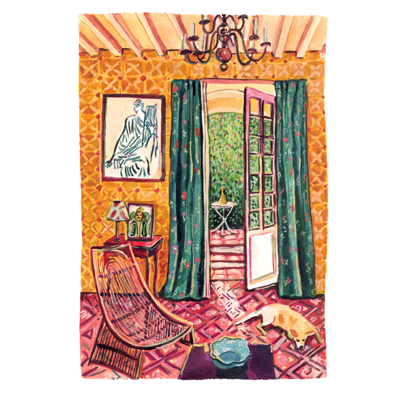 A vibrant, colorful fine art Giclee print featuring an acrylic painting of a living room scene with a window, curtains, a chair, and a dog.
