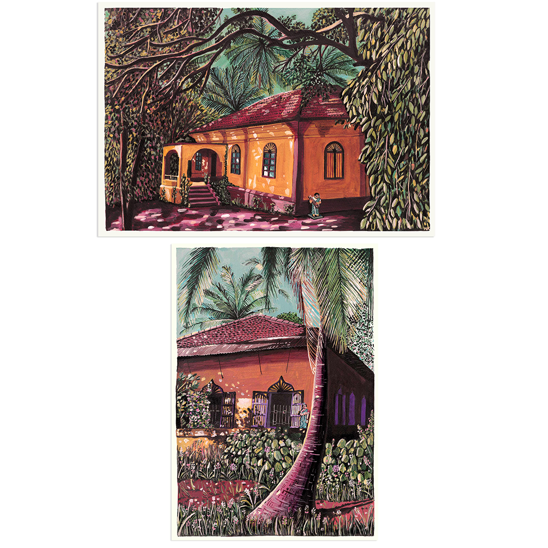 A set of two art prints featuring vibrant, detailed illustrations of Goan village scenes, including a house with a red and yellow facade and a palm tree in the foreground.