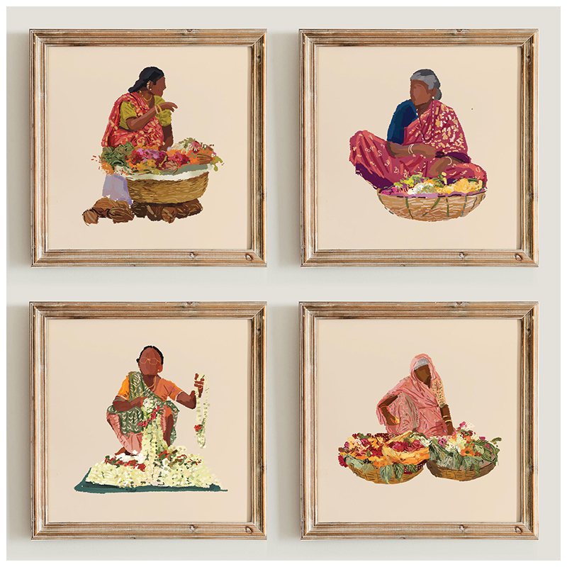 Shop Art \ Shop Artwork \ Shop Wall Art \ Shop Wall Decor \ Shop Art Prints \ Shop Art Sets \ Set of 4 \ Shop Colourful Art \ Mogra and Marigold Art \ Shop Women Portrait \ Bold Print \ Illustration