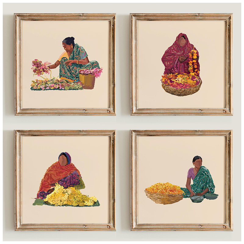 Shop Art \ Shop Artwork \ Shop Wall Art \ Shop Wall Decor \ Shop Art Prints \ Shop Art Sets \ Set of 4 \ Shop Colourful Art \ Mogra and Marigold Art \ Shop Women Portrait \ Bold Print \ Illustration