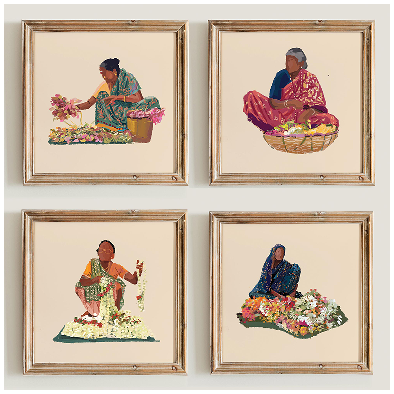 Shop Art \ Shop Artwork \ Shop Wall Art \ Shop Wall Decor \ Shop Art Prints \ Shop Art Sets \ Set of 4 \ Shop Colourful Art \ Mogra and Marigold Art \ Shop Women Portrait \ Bold Print \ Illustration