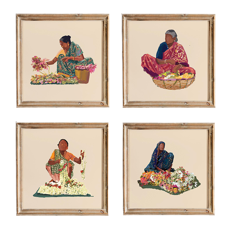 Shop Art \ Shop Artwork \ Shop Wall Art \ Shop Wall Decor \ Shop Art Prints \ Shop Art Sets \ Set of 4 \ Shop Colourful Art \ Mogra and Marigold Art \ Shop Women Portrait \ Bold Print \ Illustration