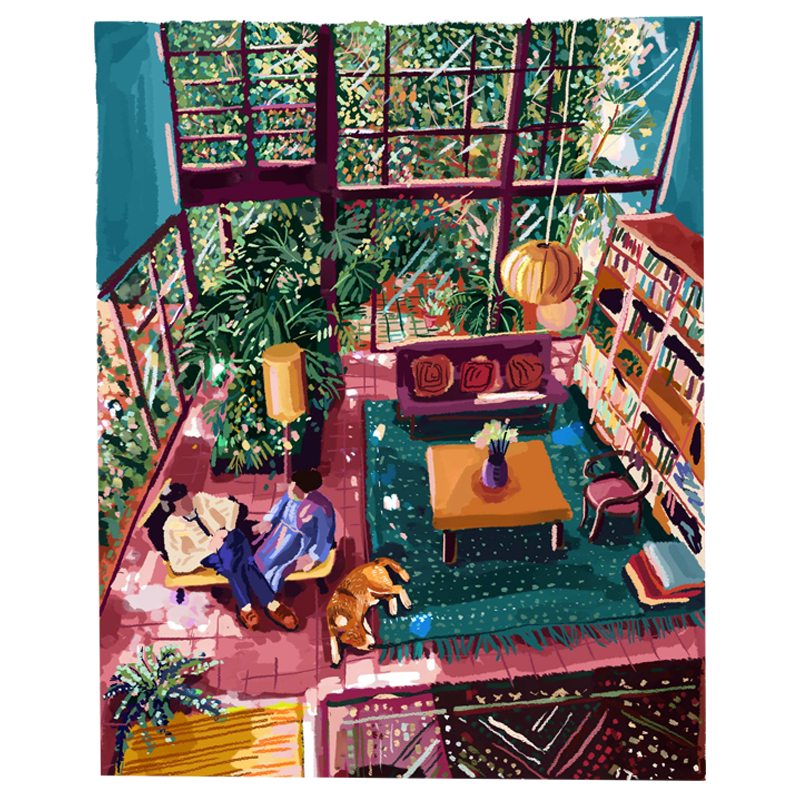A colorful acrylic painting depicting an indoor scene with people, furniture, and a bookshelf, with a focus on plants and natural light.