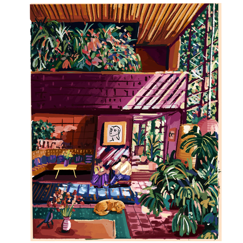 A colorful acrylic art print depicting an indoor scene with two people seating in a living room, surrounded by plants and a wooden ceiling.