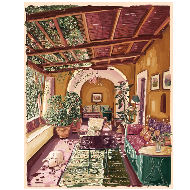 Summer Solstice art print showing place with natural sun light and Indian architecture roof top room with furniture and plants
