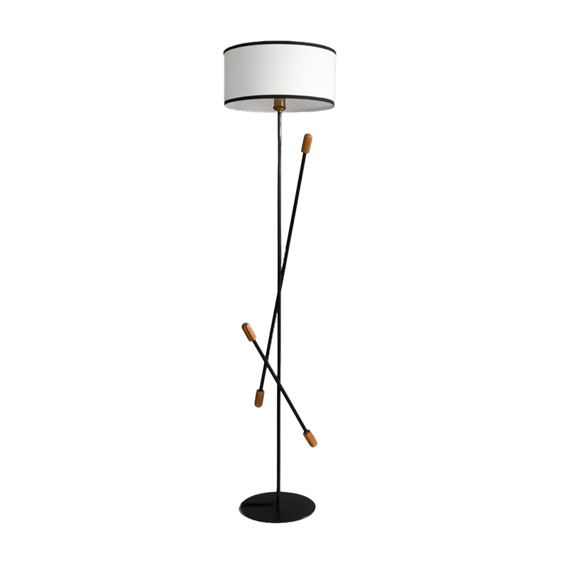 Teak Bud Floor Lamp with a white lampshade and a teak wood bud design on the holder, with a black matte finish.