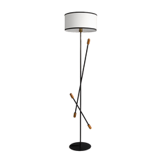 Teak Bud Floor Lamp with a white lampshade and a teak wood bud design on the holder, with a black matte finish.